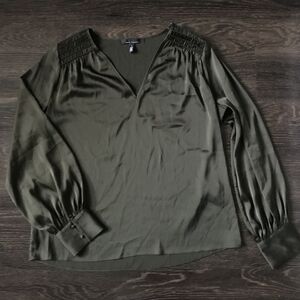 White House Black Market Green Smocked Relaxed Blouse